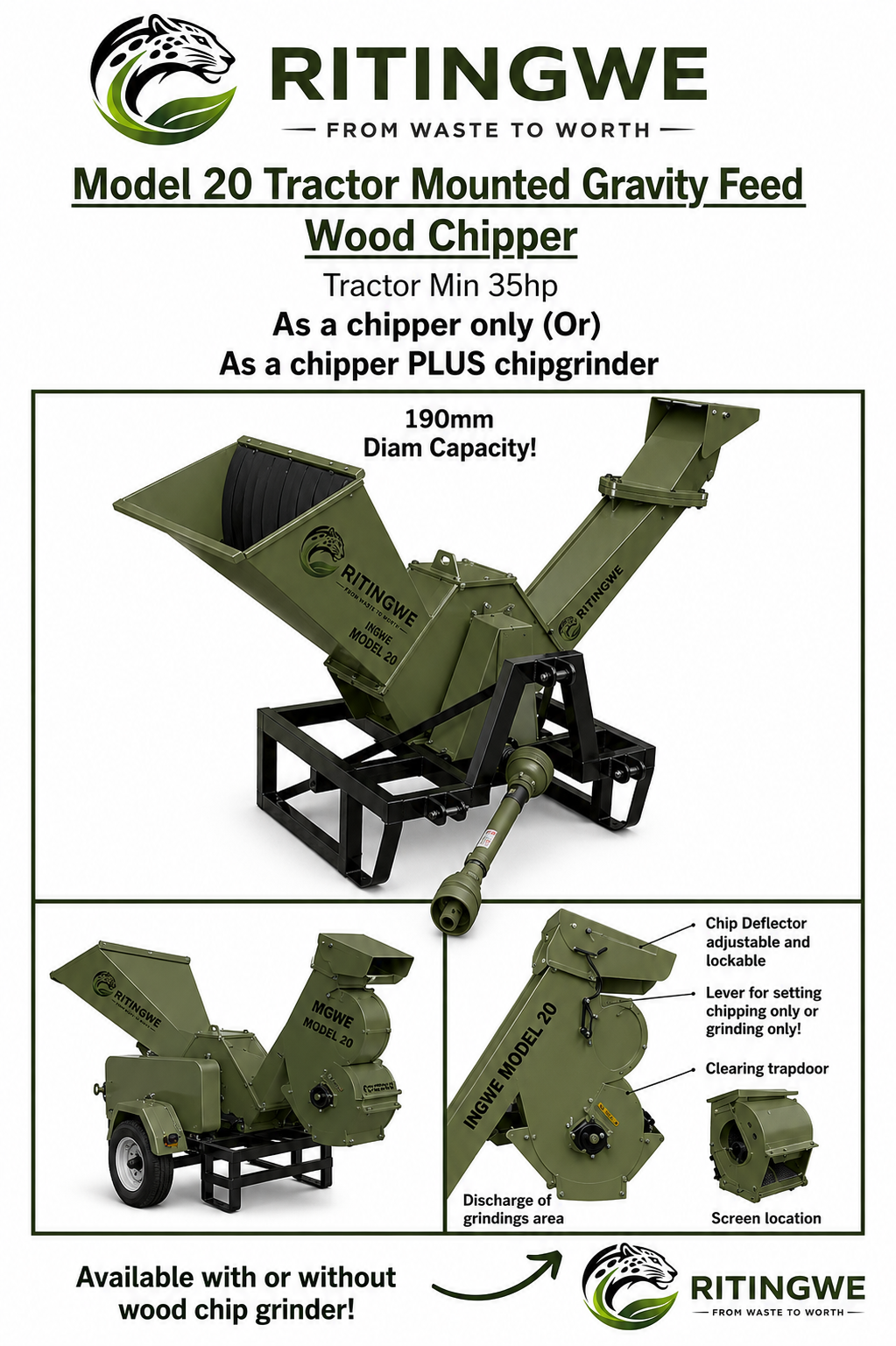 Wood Chipper Tractor Mounted Std Ritingwe Ingwe Model 20-P 225 thumbnail 2